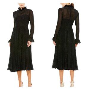 Mac Duggal Black Ruffle High Neck Long Sleeve Midi Dress Size 14 NWT